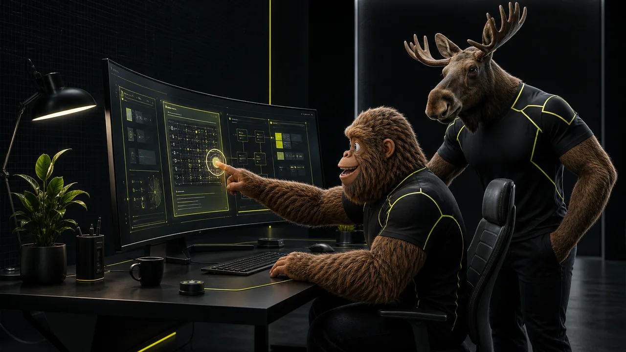 Vez Digital process · designing the creative system on a curved HUD monitor — content structure, dashboards, format engine