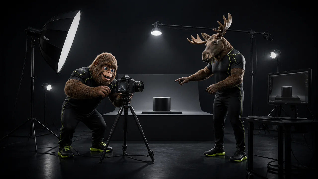 Vez Digital process · production set with camera on tripod, softbox lighting, the character framed for shooting
